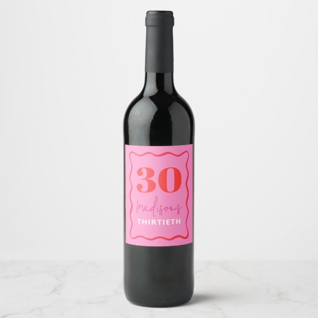 Étiquette Pour Bouteilles De Vin Bordure rose et rouge Vague 30e anniversaire fête (Devant)