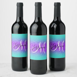 Étiquette Pour Bouteilles De Vin Bordure Turquoise Ombrée Paillettes Monogramme Vio