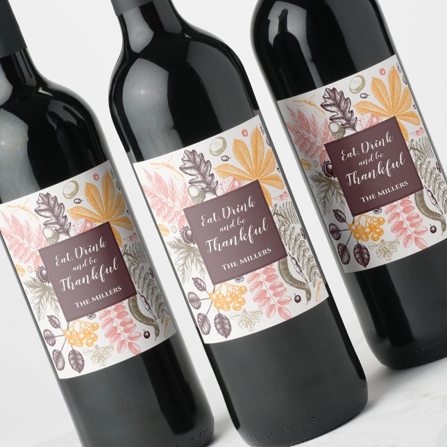 Étiquette Pour Bouteilles De Vin Botaniques de Thanksgiving d'automne (Fall Autumn Thanksgiving Botanicals Wine Bottle Labels)