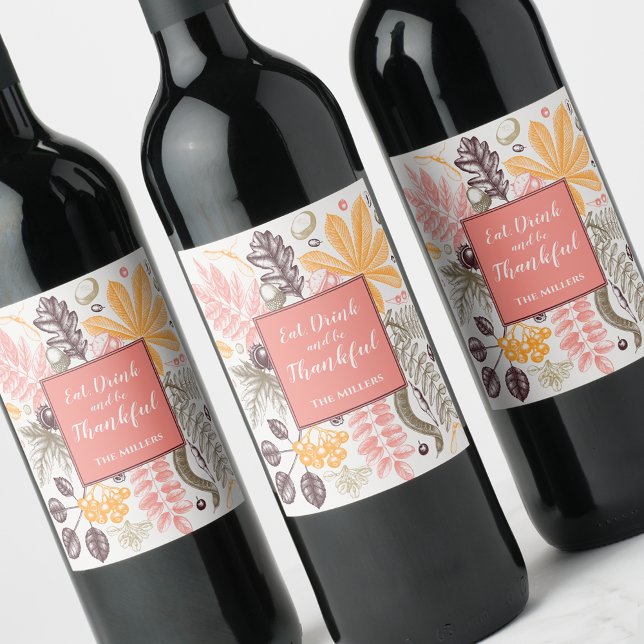 Étiquette Pour Bouteilles De Vin Botaniques de Thanksgiving d'automne (Fall Autumn Thanksgiving Botanicals Wine Bottle Labels)