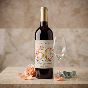 Étiquette Pour Bouteilles De Vin Bouquet de roses rose aquarelle or 50e anniversair