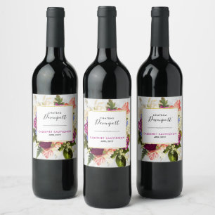 Étiquette Pour Bouteilles De Vin Bouquet floral aquarelle rose et blanc moderne