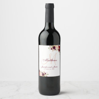 Étiquette Pour Bouteilles De Vin Bourgogne Floral Elegant Blush Monogram Mariage