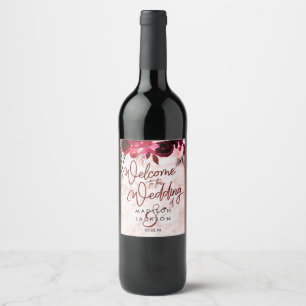Étiquette Pour Bouteilles De Vin Bourgogne Floral & Rose Gold Marble Mariage Bienve