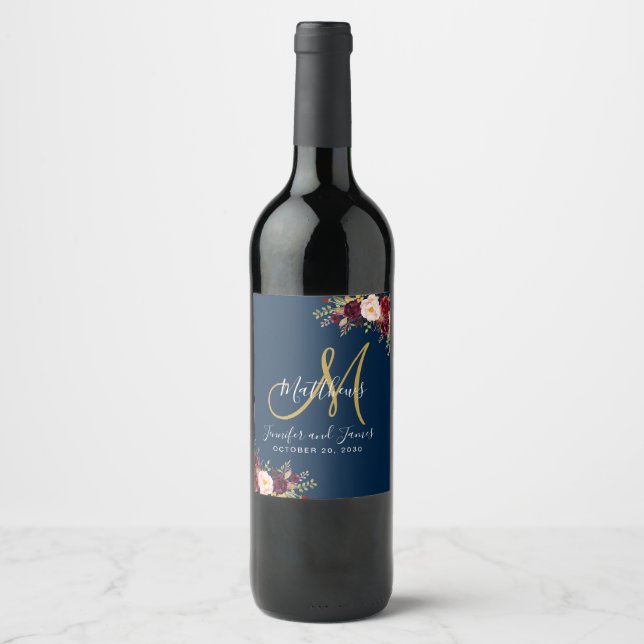 Étiquette Pour Bouteilles De Vin Bourgogne Floral Rose Marine Blue Monogram Mariage (Devant)