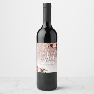 Étiquette Pour Bouteilles De Vin Bourgogne Floral Rose Parties scintillant or Monog