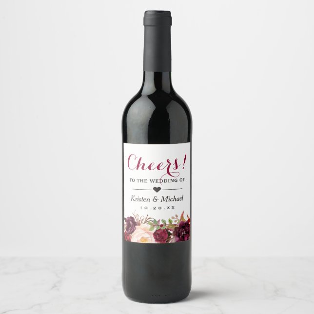 Étiquette Pour Bouteilles De Vin Bourgogne Marsala Rouge Floral Bravo Au Mariage (Devant)