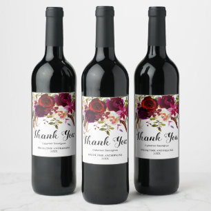 Étiquette Pour Bouteilles De Vin Bourgogne Marsala Rouge Rustique Boho Merci Floral