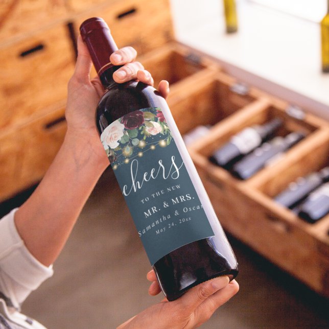 Étiquette Pour Bouteilles De Vin Bourgogne Nuit Rustique Fleurs & Lumières Bleu Rou (Créateur téléchargé)