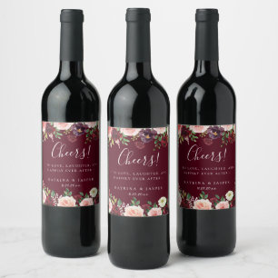 Étiquette Pour Bouteilles De Vin Bourgogne Rouge Blush Mariage de cadre Floral