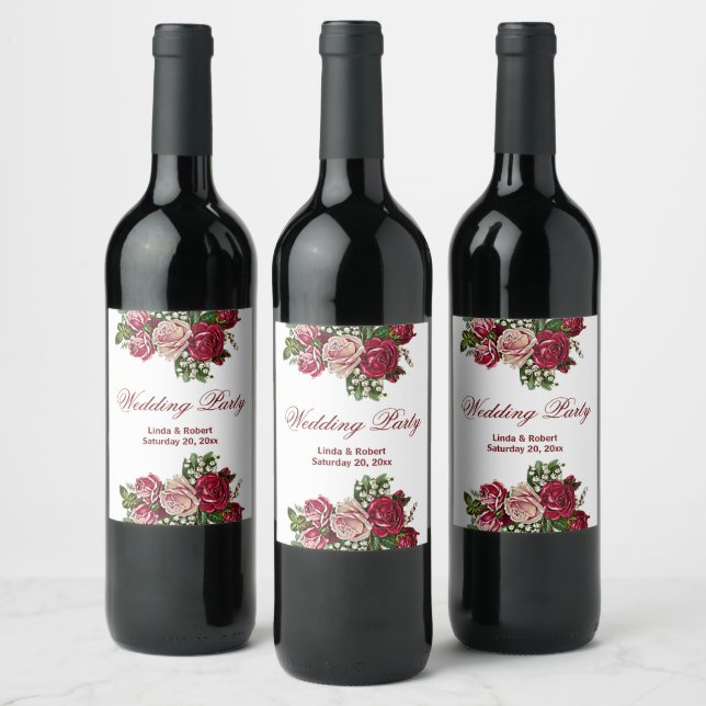 Étiquette Pour Bouteilles De Vin Bourgogne Rouge Rustique Rose Mariage campagnard F (Bouteilles)
