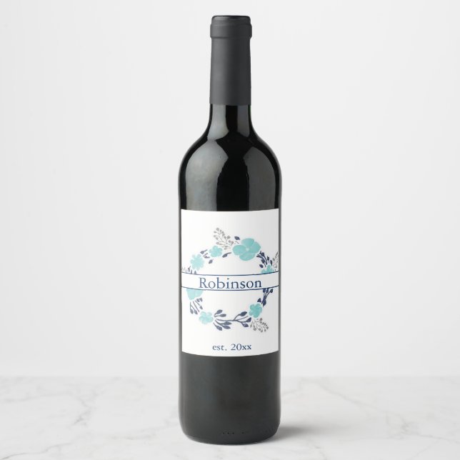 Étiquette Pour Bouteilles De Vin Bouteille de couronne florale bleue marine et sarc (Devant)