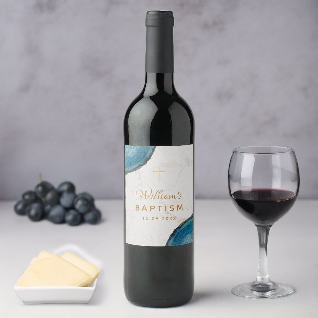 Étiquette Pour Bouteilles De Vin Boy Baptism Blue Geode Gold Cross Marbre blanc (Créateur téléchargé)