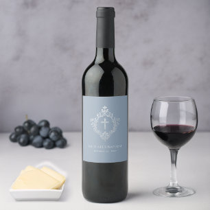 Étiquette Pour Bouteilles De Vin Boy Baptism Crest Dusty Bleu Élégant Vintage