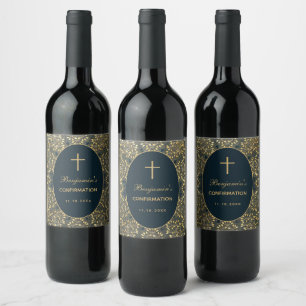 Étiquette Pour Bouteilles De Vin Boy Confirmation Gold Feuilles Croix Bleu élégant
