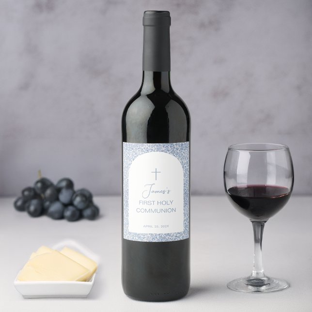 Étiquette Pour Bouteilles De Vin Boy First Communion Blue White Floral Pattern Arch (Créateur téléchargé)