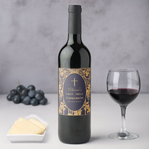 Étiquette Pour Bouteilles De Vin Boy First Communion Gold Vines Raisins Bleu Élégan