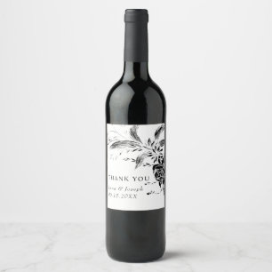 Étiquette Pour Bouteilles De Vin Branche avec mariage de fleurs noir et blanc