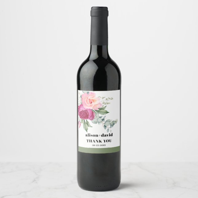 Étiquette Pour Bouteilles De Vin Branche Eucalyptus, mariage de typographie roses (Devant)