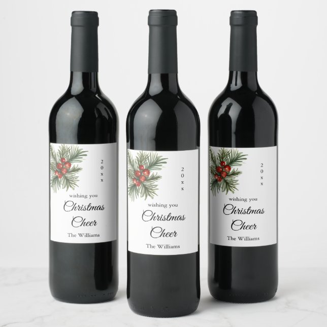 Étiquette Pour Bouteilles De Vin Branche Script de Joie de Noël avec des Baies (Bouteilles)