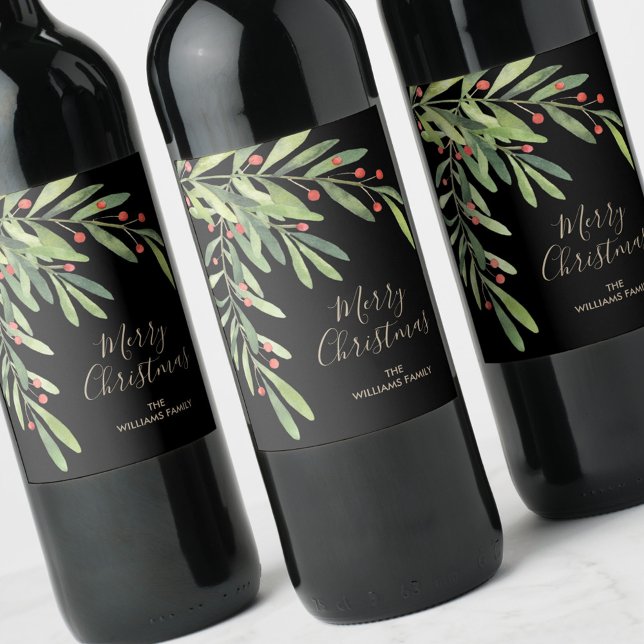 Étiquette Pour Bouteilles De Vin Branches Baies Fêtes de Noël Noir (Créateur téléchargé)