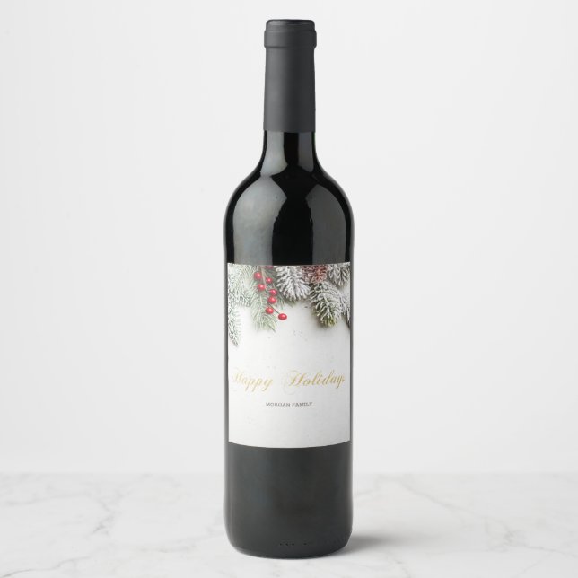 Étiquette Pour Bouteilles De Vin Branches de pin enneigées Noël (Devant)