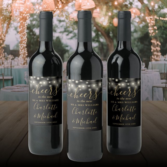 Étiquette Pour Bouteilles De Vin Bravo À M. Et Mme Lights Mariage Black Gold (Cheers To Mr And Mrs Lights Black Gold Wedding Wine Label)
