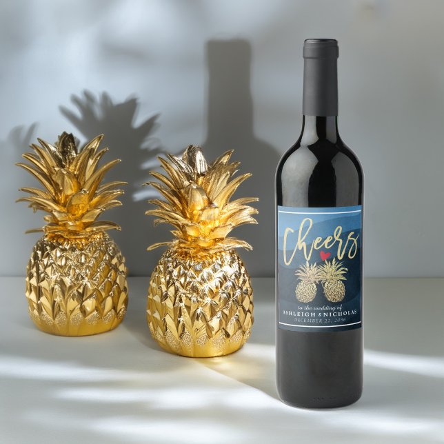 Étiquette Pour Bouteilles De Vin Bravo à Mariage Gold Pineapple Couple Marine Bleu (Créateur téléchargé)