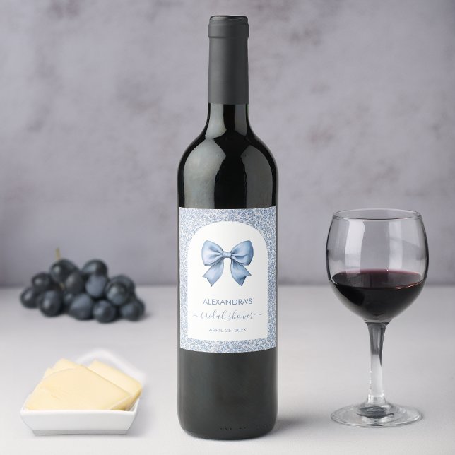 Étiquette Pour Bouteilles De Vin Bridal Shower Blue Bow White Arch Floral Pattern (Créateur téléchargé)