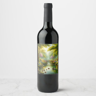 Étiquette Pour Bouteilles De Vin Brook de printemps avec canards/fleurs