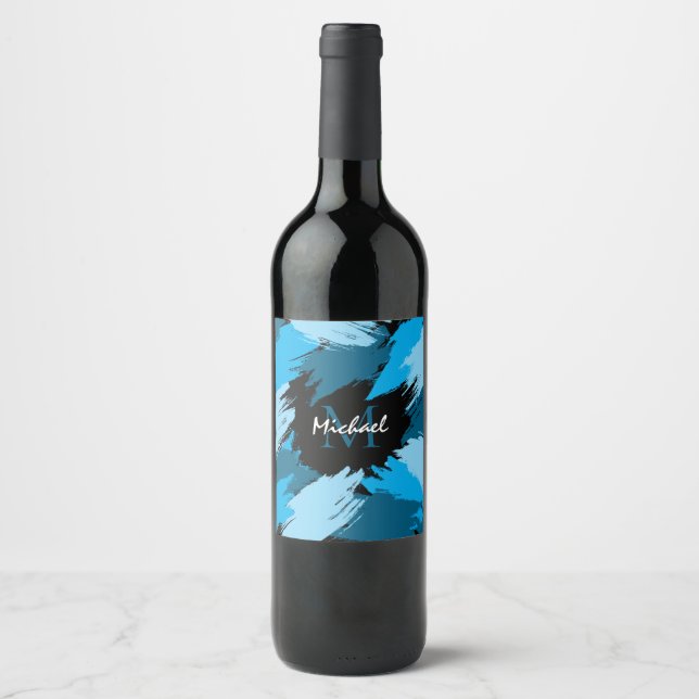 Étiquette Pour Bouteilles De Vin Brosse nuances de nom bleu avec monogramme (Devant)