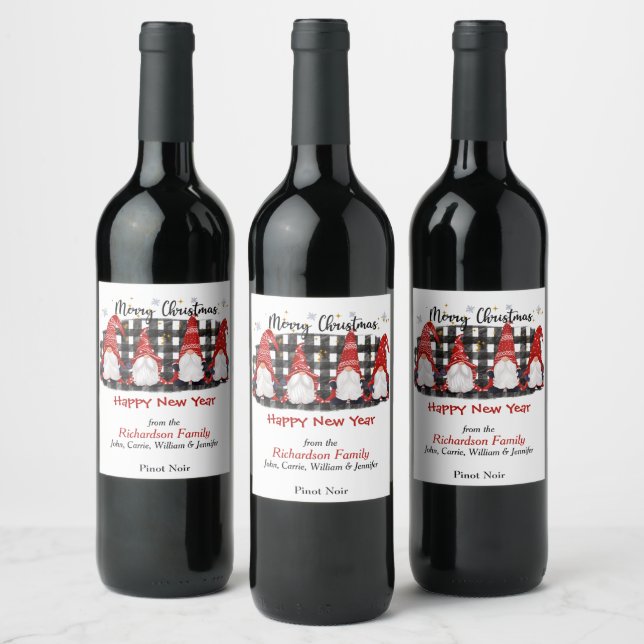 Étiquette Pour Bouteilles De Vin Buffalo Plaid Gnome Salutation de Noël (Bouteilles)