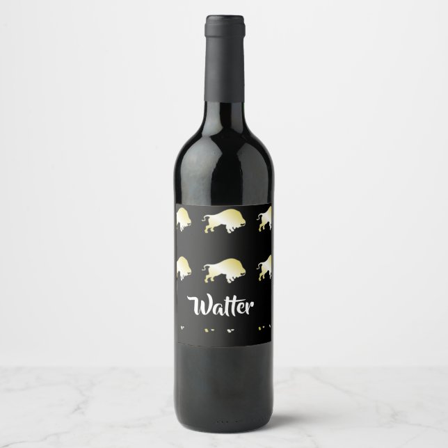 Étiquette Pour Bouteilles De Vin Buffle d'or sur noir (Devant)