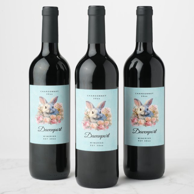 Étiquette Pour Bouteilles De Vin Bunny with a Garland of Roses Cute Wine Making (Bouteilles)