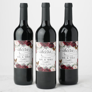 Étiquette Pour Bouteilles De Vin Burgundy Blush Floral Mariage Gold Butterflies