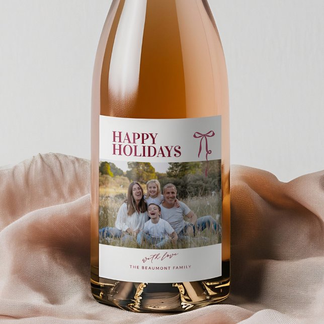 Étiquette Pour Bouteilles De Vin Burgundy Bow Happy Holidays Photo Wine Label (Créateur téléchargé)
