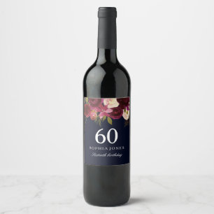 Étiquette Pour Bouteilles De Vin Burgundy Red Floral Navy 60e anniversaire fête