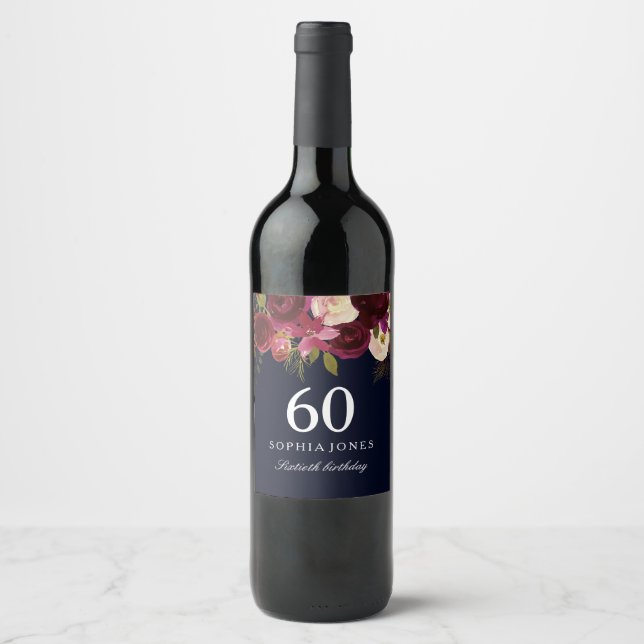Étiquette Pour Bouteilles De Vin Burgundy Red Floral Navy 60e anniversaire fête (Devant)