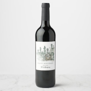Étiquette Pour Bouteilles De Vin Cabane Rustique Aquarelle Vert de Forêt Personnali