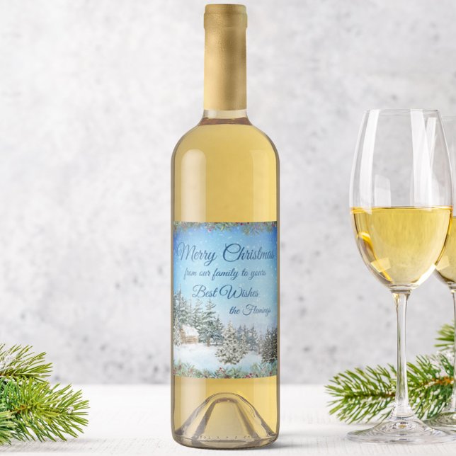 Étiquette Pour Bouteilles De Vin Cabine d'hiver à Woods Noël personnalisé (Créateur téléchargé)
