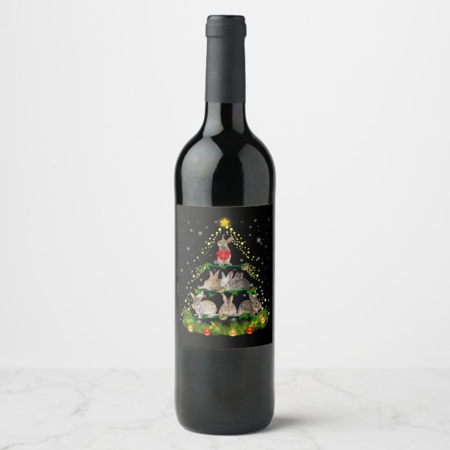 Étiquette Pour Bouteilles De Vin Cadeau Bunny | Lapin Lapin Lumière Arbre de Noël (Devant)