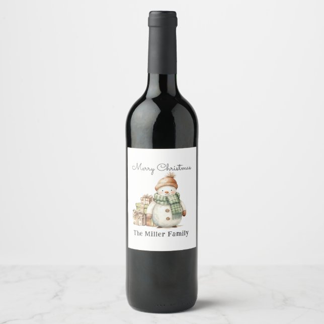 Étiquette Pour Bouteilles De Vin Cadeaux personnalisés Snowman & Noël (Devant)