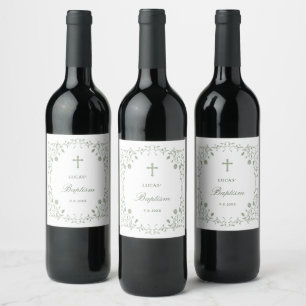 Étiquette Pour Bouteilles De Vin Cadre de feuillage vert sauge Baptême