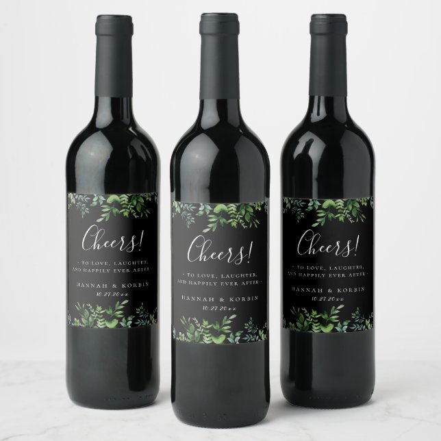 Étiquette Pour Bouteilles De Vin Cadre de verdure botanique Mariage noir (Bouteilles)