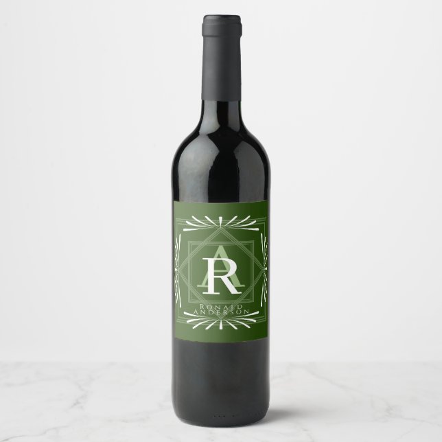 Étiquette Pour Bouteilles De Vin Cadre élégant Monogramme Vert (Devant)
