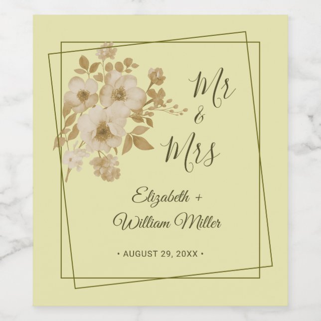 Étiquette Pour Bouteilles De Vin Cadre Rose – Mariage Jaune Céleste (Étiquettes simples)