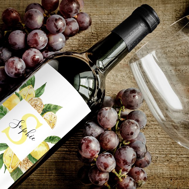 Étiquette Pour Bouteilles De Vin Cadres et Feuilles de citrons jaunes modernes avec (Créateur téléchargé)