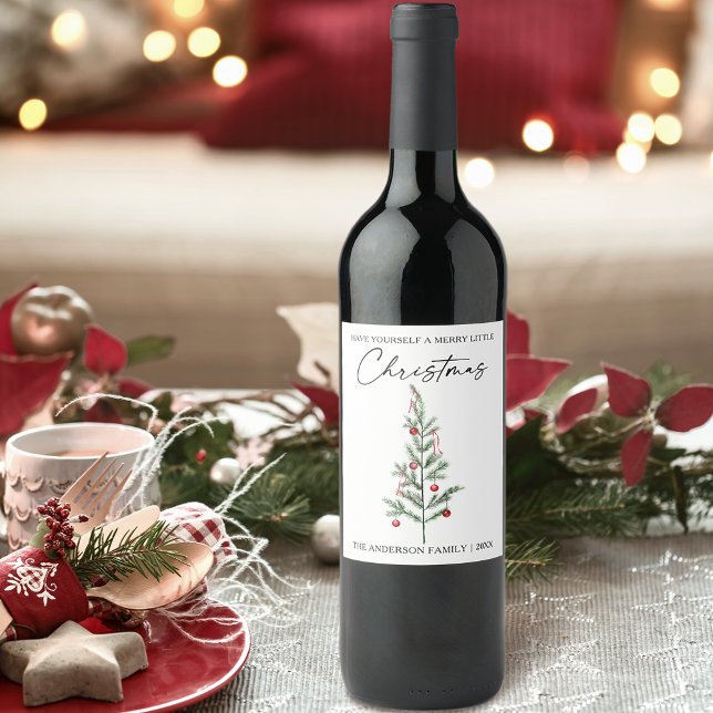 Étiquette Pour Bouteilles De Vin Calligraphie Encre Script Aquarelle Arbre de Noël (Customize your change your personalized text size or text style.)