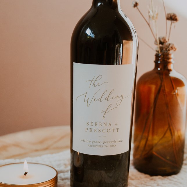 Étiquette Pour Bouteilles De Vin Calligraphie Or Délicate | Mariage de crème (Créateur téléchargé)
