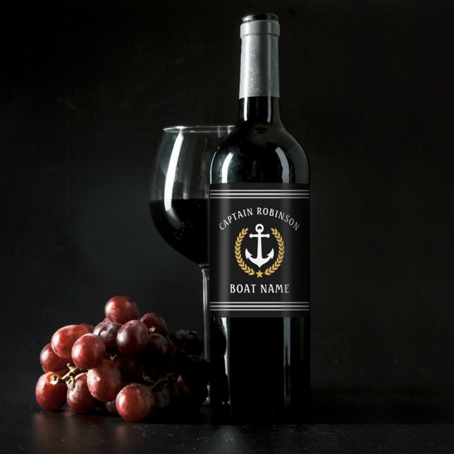 Étiquette Pour Bouteilles De Vin Capitaine Name and Boat Anchor Gold Laurel Black (Créateur téléchargé)